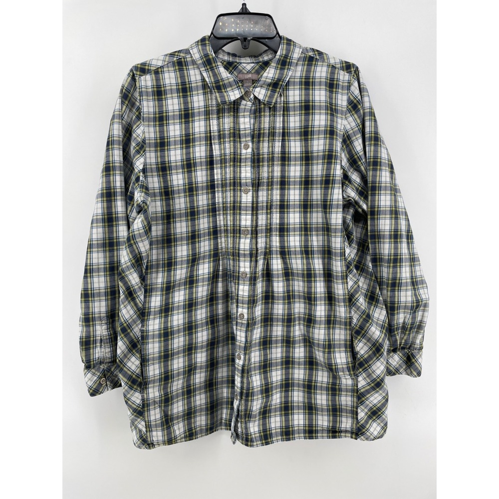 J. Jill Plaid Top Womens Large Green‎ Navy Button Pintuck Cotton Country Cottage